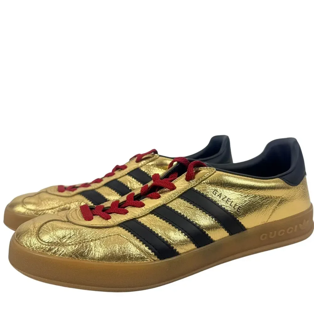 Gucci X Adidas Gazelle Metallic Lace Up Leather Sneakers Gold Size 9.5